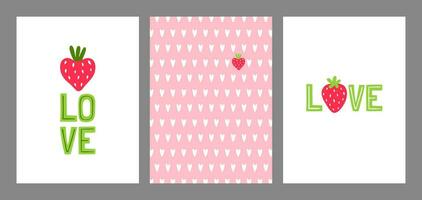 A set of cute cards with strawberries and text. Vector template.