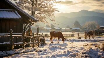 AI generated Scene of countryside covered with snow photo