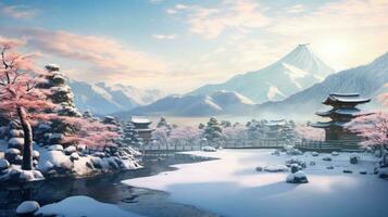 AI generated Scene of countryside covered with snow photo