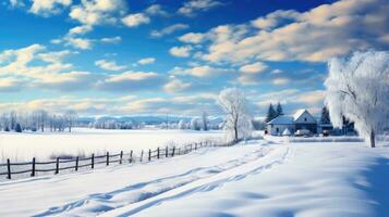 AI generated Scene of countryside covered with snow photo