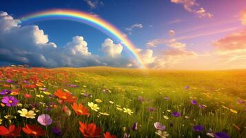 ai generado un pacífico paisaje prado campo con arco iris en el cielo foto