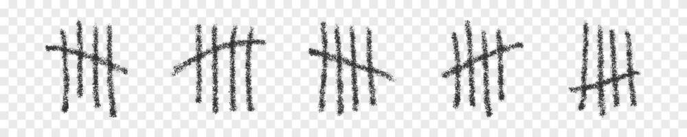 Hand drawn charcoal tally marks. Four sticks crossed out by slash line as symbol of number five in unary numeral system. Day counting sings vector