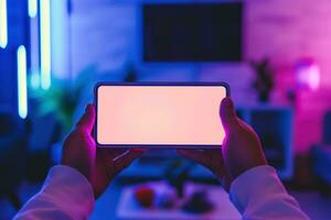 AI generated Two hands holding horizontal white screen in a mobile device. Generative AI photo