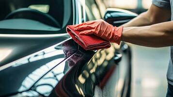 AI generated A man meticulously cleaning a car with a microfiber cloth. Generative AI photo