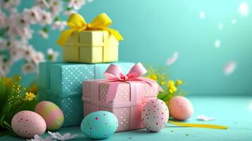 AI generated Easter gifts in colorful packaging with bows and bright ribbons. Generative AI photo