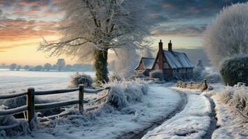 AI generated Scene of countryside covered with snow photo