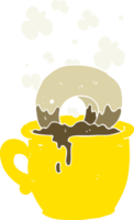 flat color illustration of a cartoon donut dunked in coffee png