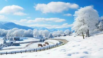 AI generated Scene of countryside covered with snow photo