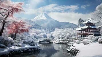 AI generated Scene of countryside covered with snow photo