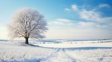 AI generated Scene of countryside covered with snow photo