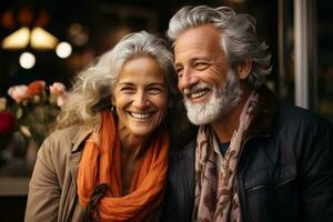 ai generado hermosa maravilloso Años 50 medio Envejecido mayor mayor modelo Pareja con gris pelo riendo y sonriente. maduro antiguo hombre y mujer cerca arriba retrato. generativo ai foto