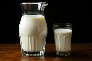 AI generated glass of milk and a jug of milk side by side. generative ai photo