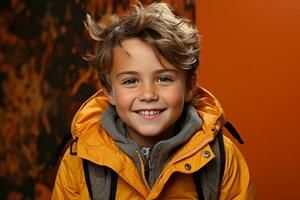 AI generated Portrait of happy schoolboy with backpack on orange background. generative ai photo