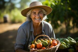 ai generado contento granjero maduro mujer participación un cesta de recién escogido vegetales y sonriente. generativo ai. foto