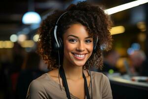 AI generated Telemarketer, sales agent on the phone wears a wireless headset, talks, consults an online customer on a computer, an African woman hotline operator works in a customer support office. photo