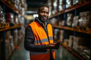 AI generated Factory worker  holding digital tablet organising parcels in warehouse, generative ai. photo