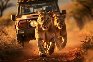 AI generated Safari lionesses walking on dirt road in front of safari jeep. generative ai photo