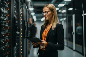 AI generated Full body data center worker woman with tablet. Generative AI photo