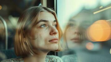 AI generated A women looking at the city passing by from a bus window. Generative AI photo