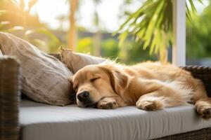 AI generated Photo of healthy dog peacefully rest on sofa. Generative AI