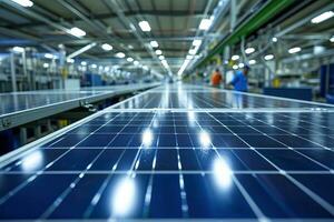 AI generated Solar Panel Production Process on Advanced Factory. Generative AI photo