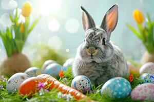 AI generated Rabbit with carrot and Easter eggs. Generative AI photo