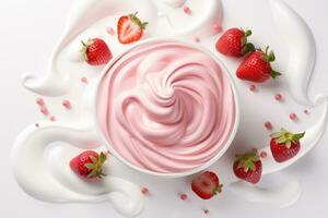 AI generated Floating yoghurt swirl with strawberries isolates background. Generative AI photo