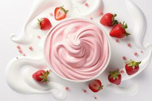 AI generated Floating yoghurt swirl with strawberries isolates background. Generative AI photo