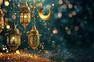 AI generated Ramadan Kareem background with a combination of shining hanging gold lanterns. Generative AI photo