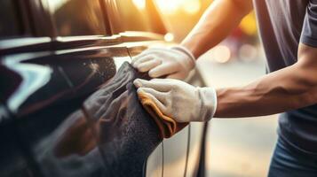 ai generado un hombre meticulosamente limpieza un coche con un microfibra paño. generativo ai foto