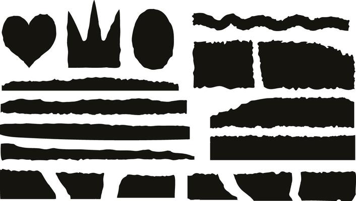 Collection of  torn paper pieces. Black square frames with Irregular edges.Set of silhouettes of ripped rectangular shapes. Piece of grunge collage stickers.