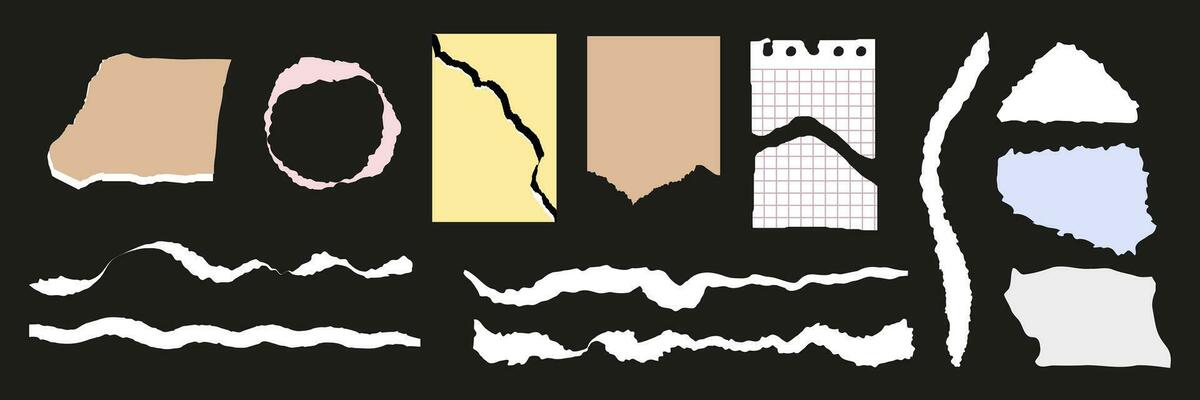 Collection of  torn paper pieces. Black square frames with Irregular edges.Set of silhouettes of ripped rectangular shapes. Piece of grunge collage stickers.