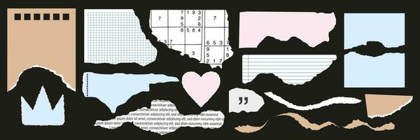 Collection of  torn paper pieces. Black square frames with Irregular edges.Set of silhouettes of ripped rectangular shapes. Piece of grunge collage stickers. vector