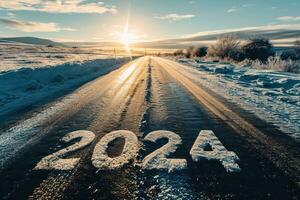 ai generado nuevo año grande texto 2024 o Derecho adelante invierno la carretera viaje viaje y futuro visión concepto, foto