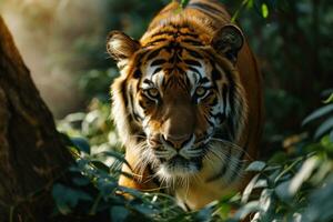 AI generated A tiger is lurking behind the leaves. Generative AI photo