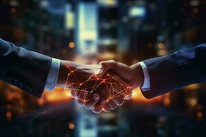 AI generated Business men shaking hands in agreement in the city for corporate success .Generative AI photo