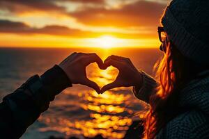 AI generated Valentines day concept, Young man and woman creating heart shape by hands at sunset. Generative AI photo