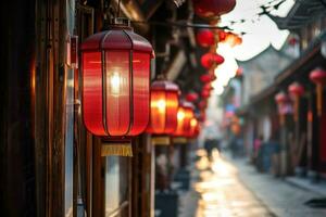 ai generado chino nuevo año linternas en China ciudad. generativo ai foto