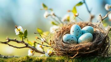 AI generated Nest with Easter eggs in grass on a sunny spring day. Generative AI photo