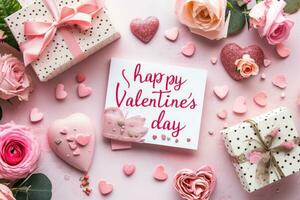 AI generated Happy valentine's day event card that say happy valentine's day cute and pink style. Generative AI photo