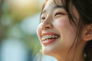 AI generated Teen Asian woman with braces smiling mouth close up The concept of modern dentistry. Generative AI photo