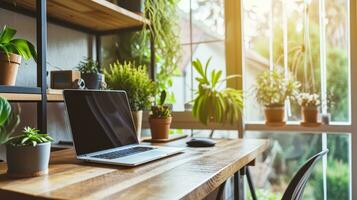 AI generated Interior of home office with wooden office desk with laptop near big window. Generative AI photo
