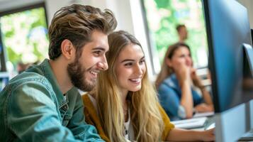 ai generado europeo dos Pareja sentado a un computadora. generativo ai foto