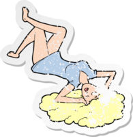 retro distressed sticker of a cartoon woman lying on floor png