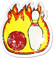 adesivo retrô angustiado de um símbolo de desenho animado de boliche de dez pinos com fogo png
