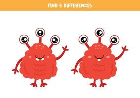 Find 5 differences between two cute cartoon red monsters. vector