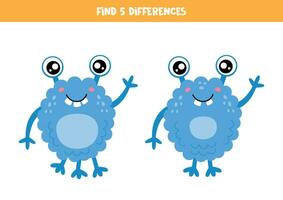 Find 5 differences between two cute cartoon blue monsters. vector