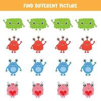 Find different cartoon monster in each row. Logical game for preschool kids. vector