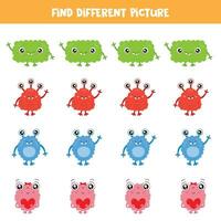 Find different cartoon monster in each row. Logical game for preschool kids. vector