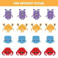 Find different cartoon monster in each row. Logical game for preschool kids. vector